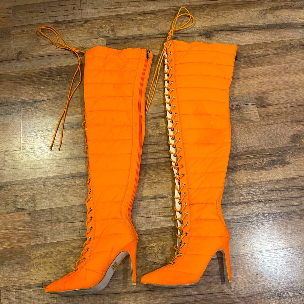 Cape Robbin Gigi Orange Over the Knee Tie Up Boots